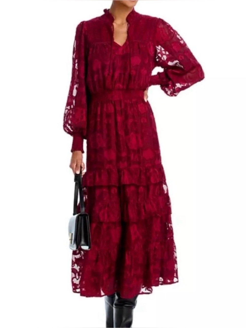 NWT Aqua Women's Wine Lace Tiered Long-Sleeve Maxi Dress